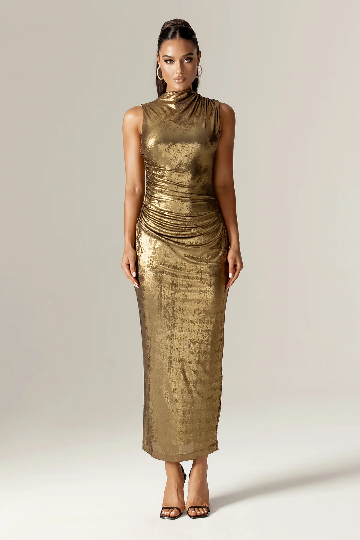 Doreena Metallic Ruched Maxi Dress (Gold)