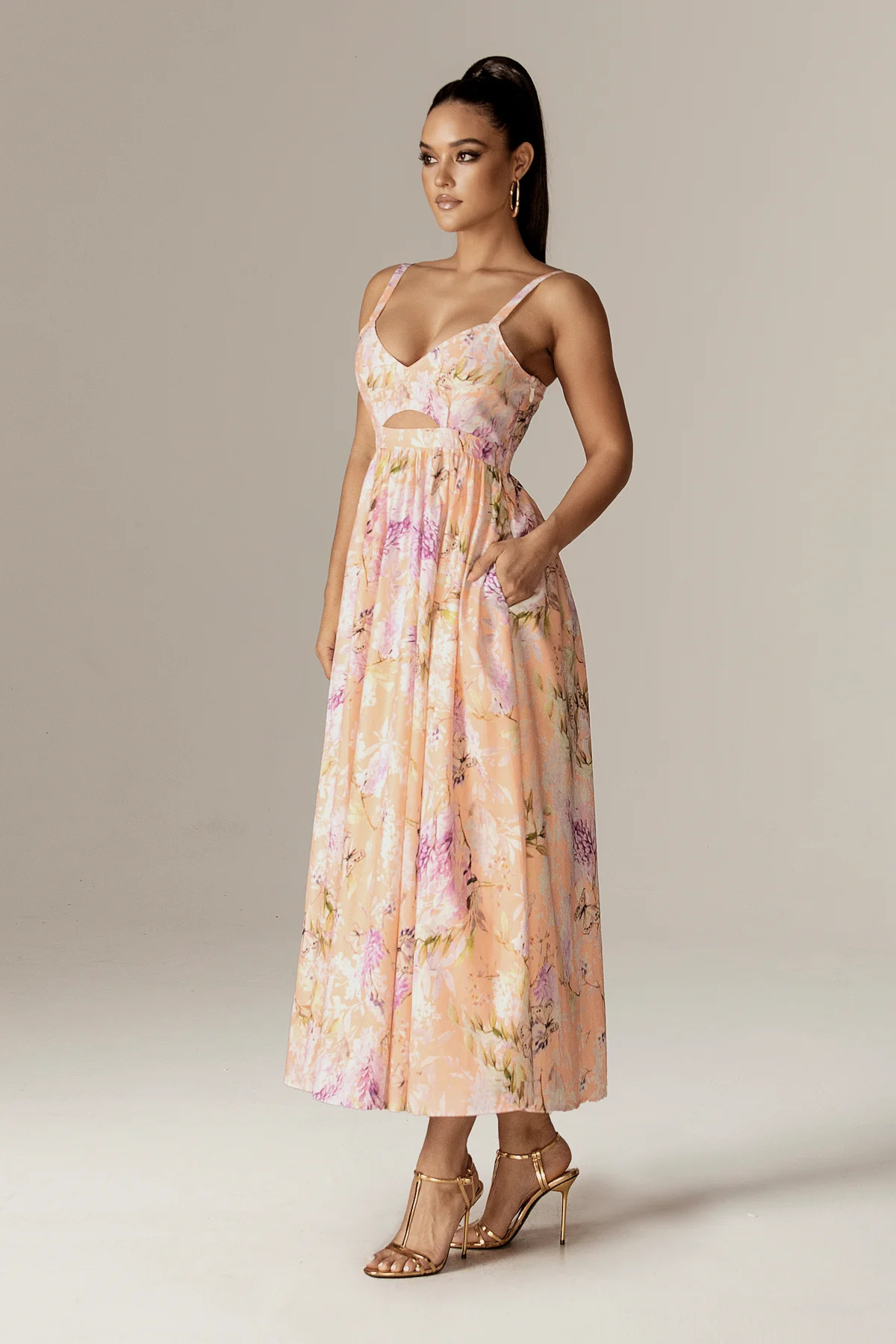 Sione Cutout Midi Dress (Coral Butterfly Meadow)