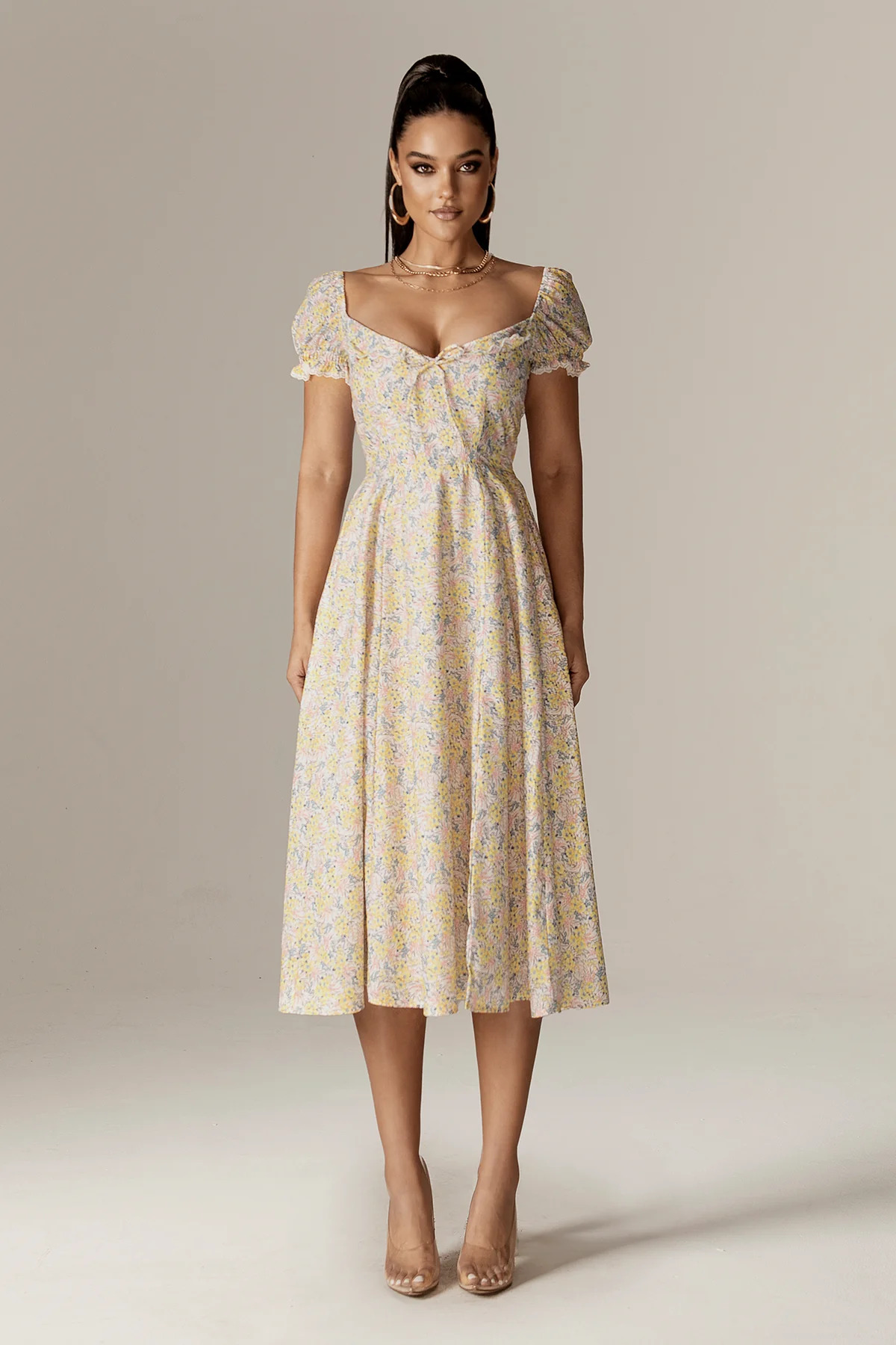 Kentra Sweetheart Puff Sleeves Midi Sundress (English Garden)