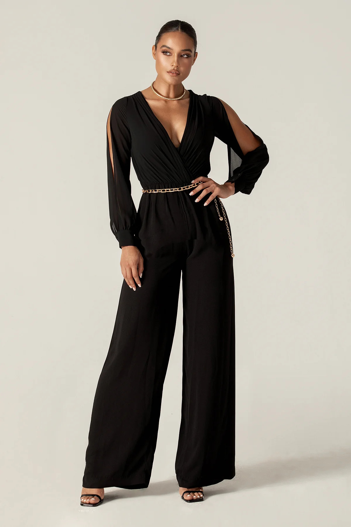 Serah Crepe Slit Sleeves Jumpsuit (Black)