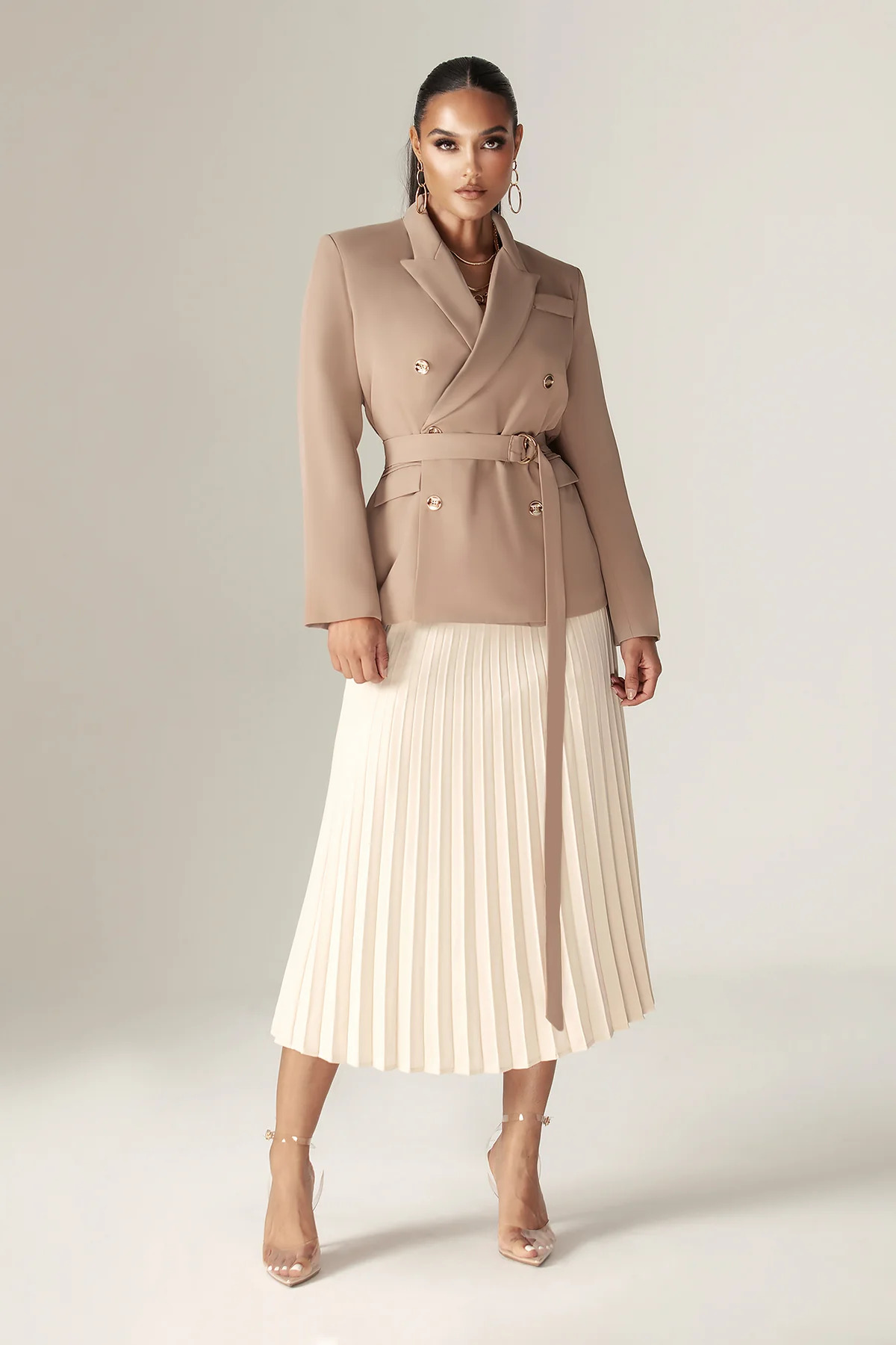 Gloriette Belted Double Breasted Crepe Blazer (Pastel Brown)