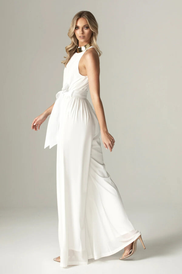 Fadia Chiffon Wide Leg Belted Jumpsuit (Off White) - Image 6