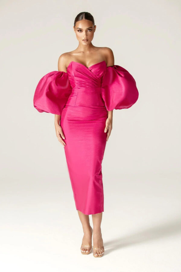 Tiffany Dupioni Puff Sleeve Maxi Dress (Hot Pink) - Image 2