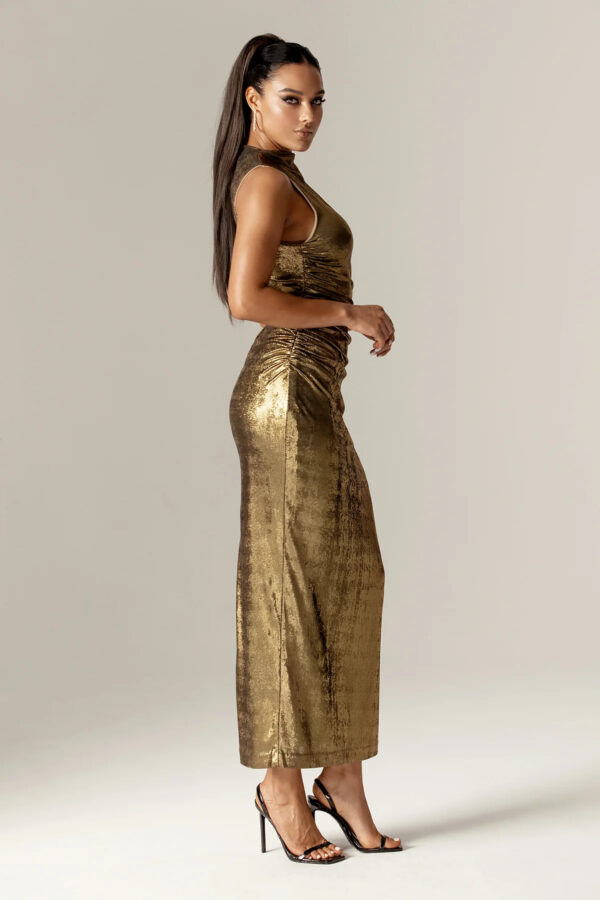Doreena Metallic Ruched Maxi Dress (Gold) - Image 2