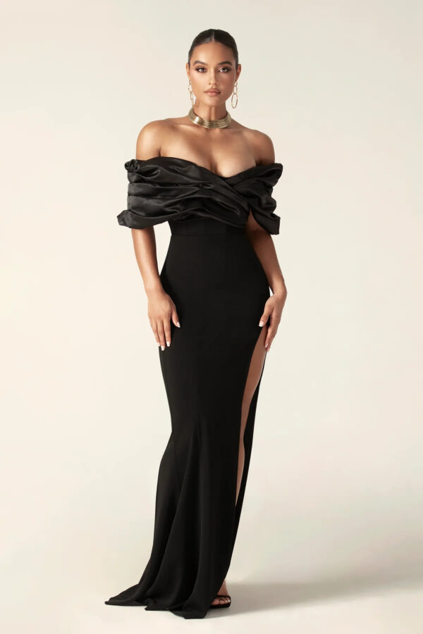 Presley Crepe Ruffle Shoulder Gown Dress (Black) - Image 2