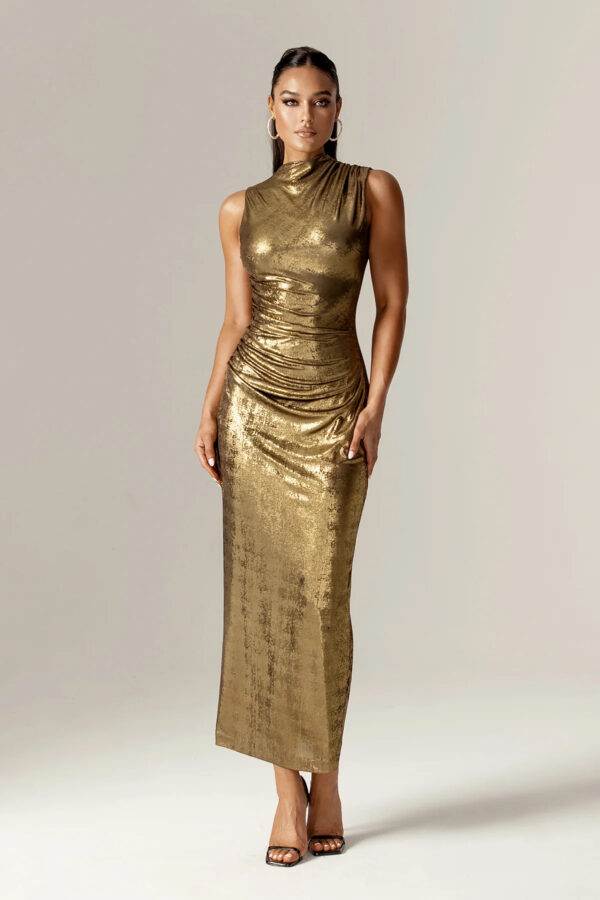 Doreena Metallic Ruched Maxi Dress (Gold) - Image 2