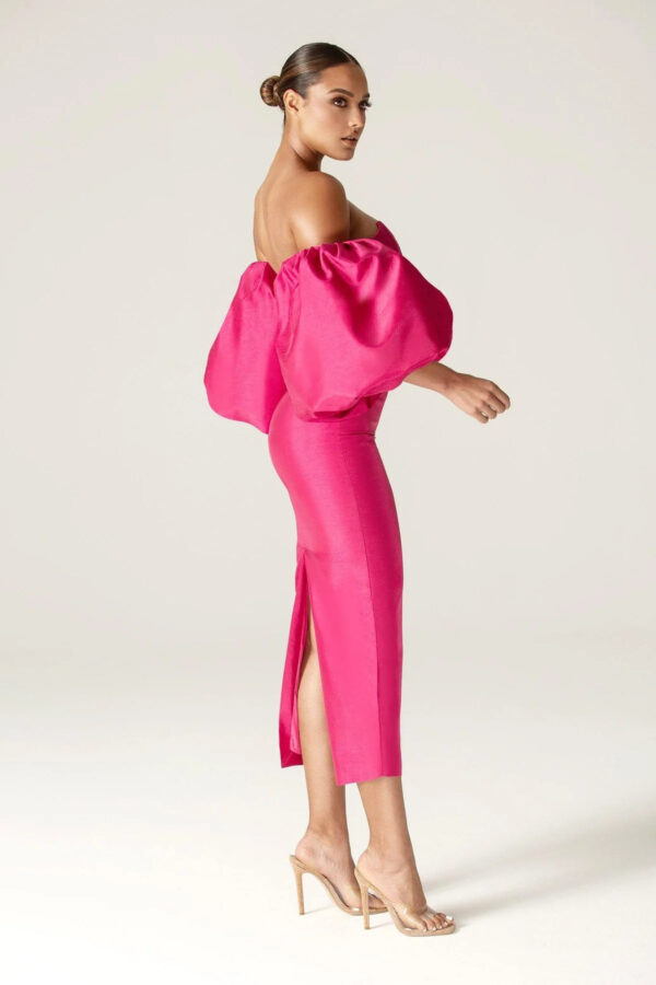 Tiffany Dupioni Puff Sleeve Maxi Dress (Hot Pink) - Image 10