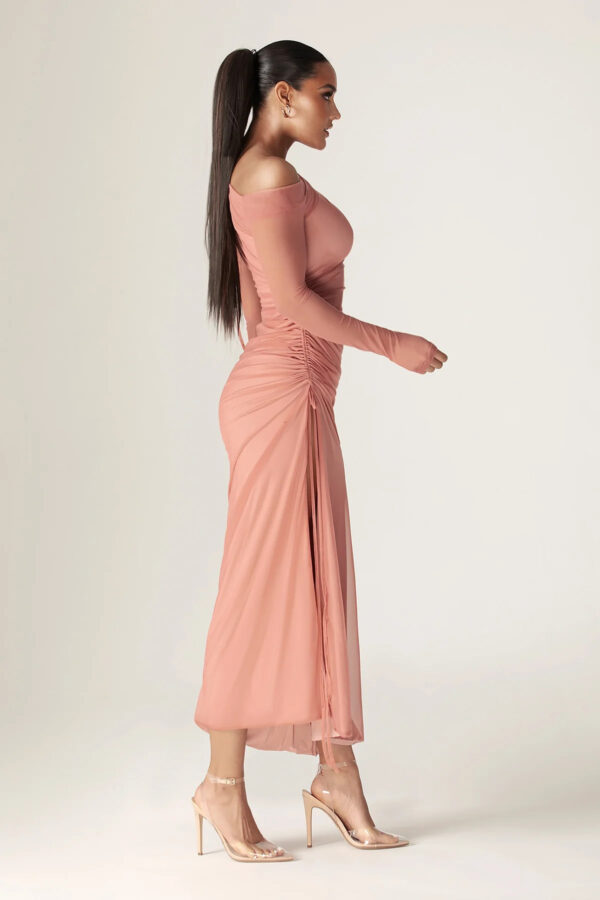 Dua Organza Ruched Mesh Long Sleeve Cut Out Maxi Dress (Rose) - Image 2