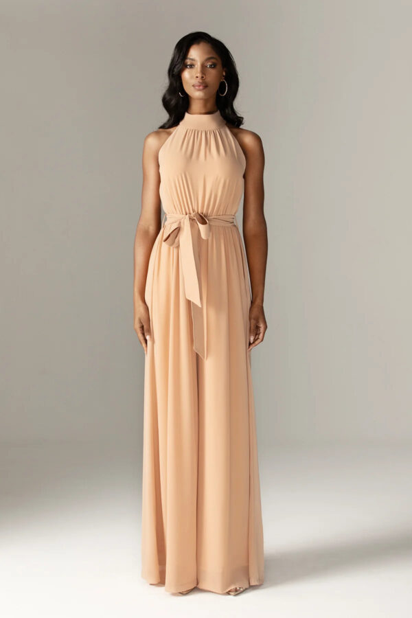 Fadia Chiffon Wide Leg Belted Jumpsuit (Nude) - Image 7