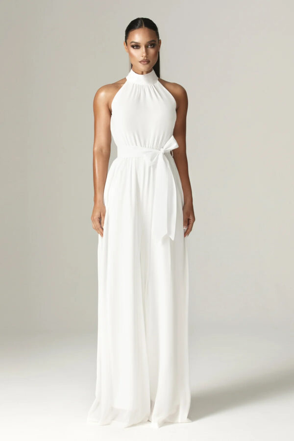 Fadia Chiffon Wide Leg Belted Jumpsuit (Off White) - Image 12