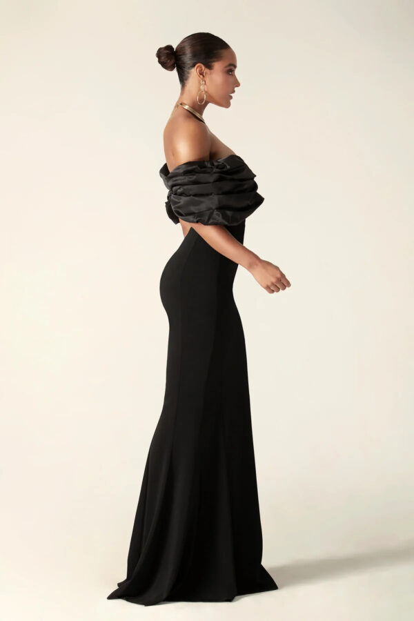 Presley Crepe Ruffle Shoulder Gown Dress (Black) - Image 3