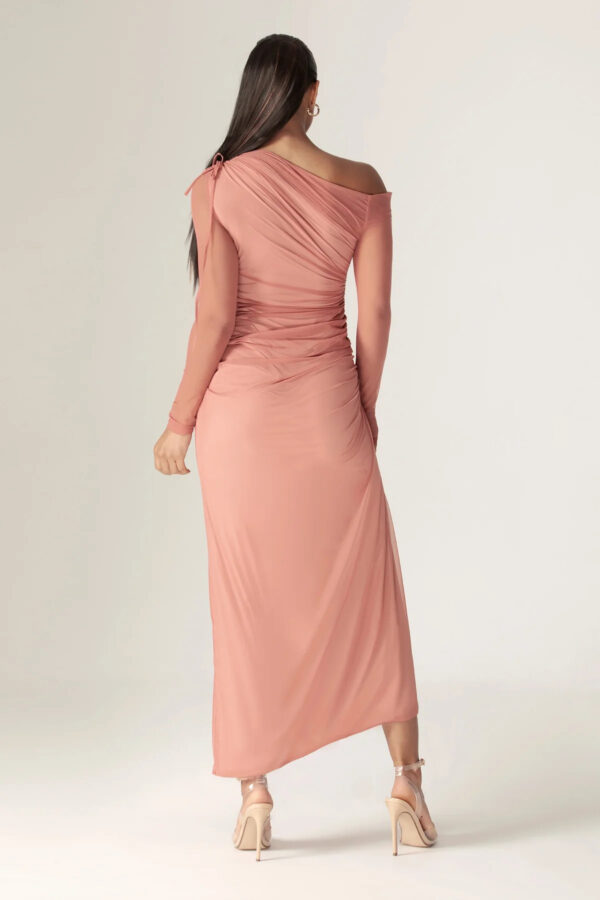 Dua Organza Ruched Mesh Long Sleeve Cut Out Maxi Dress (Rose) - Image 6