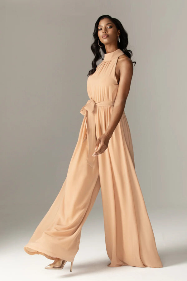 Fadia Chiffon Wide Leg Belted Jumpsuit (Nude) - Image 6