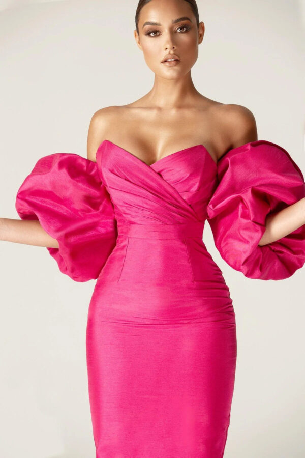 Tiffany Dupioni Puff Sleeve Maxi Dress (Hot Pink) - Image 8