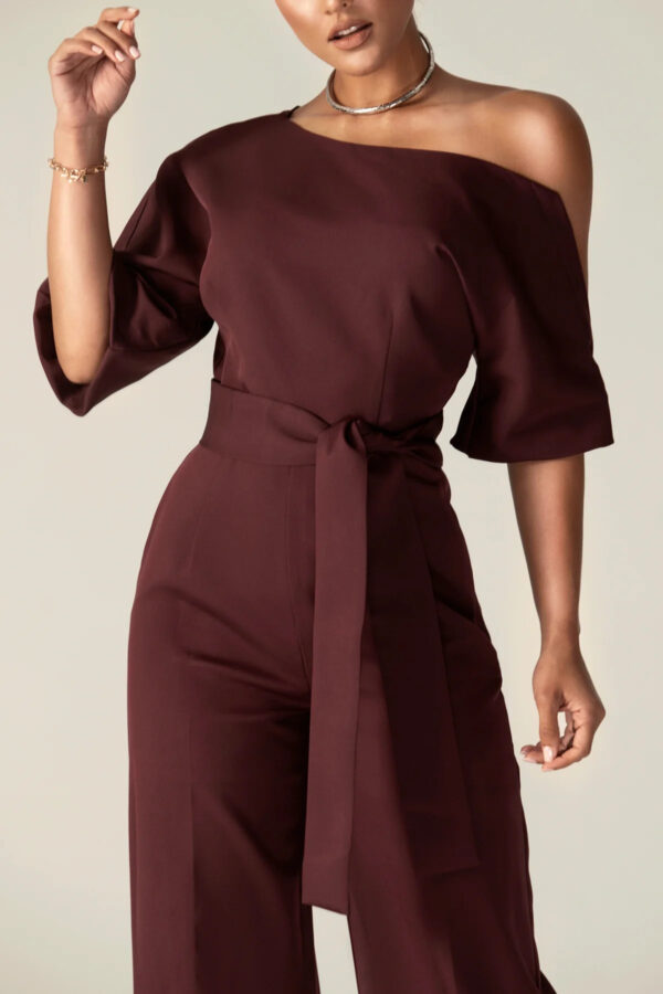 Ana Off Shoulder Belted Jumpsuit (Black Cherry) - Image 4