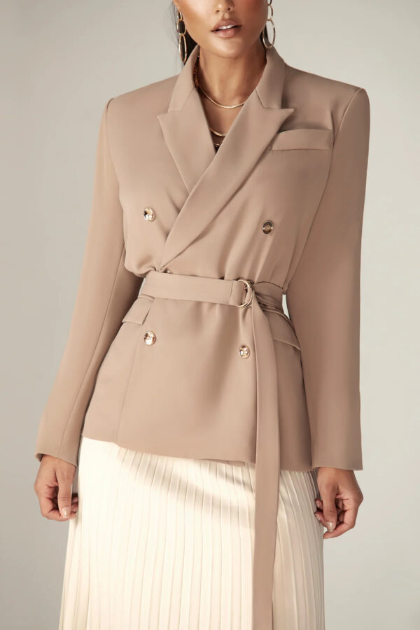 Gloriette Belted Double Breasted Crepe Blazer (Pastel Brown) - Image 4
