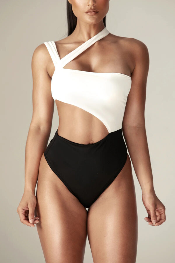 Skylar Prune Asymmetric Cutout Swimsuit (Black/White) - Image 4
