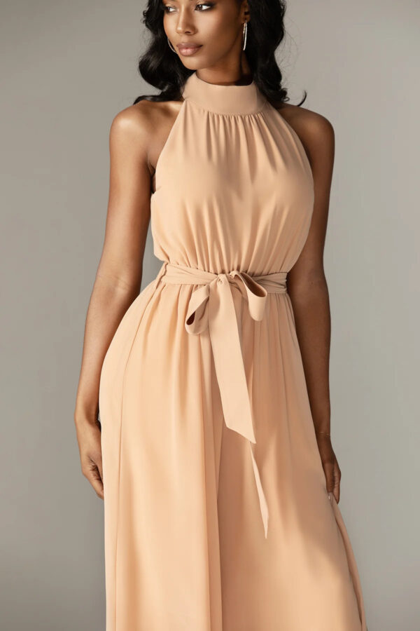 Fadia Chiffon Wide Leg Belted Jumpsuit (Nude) - Image 4