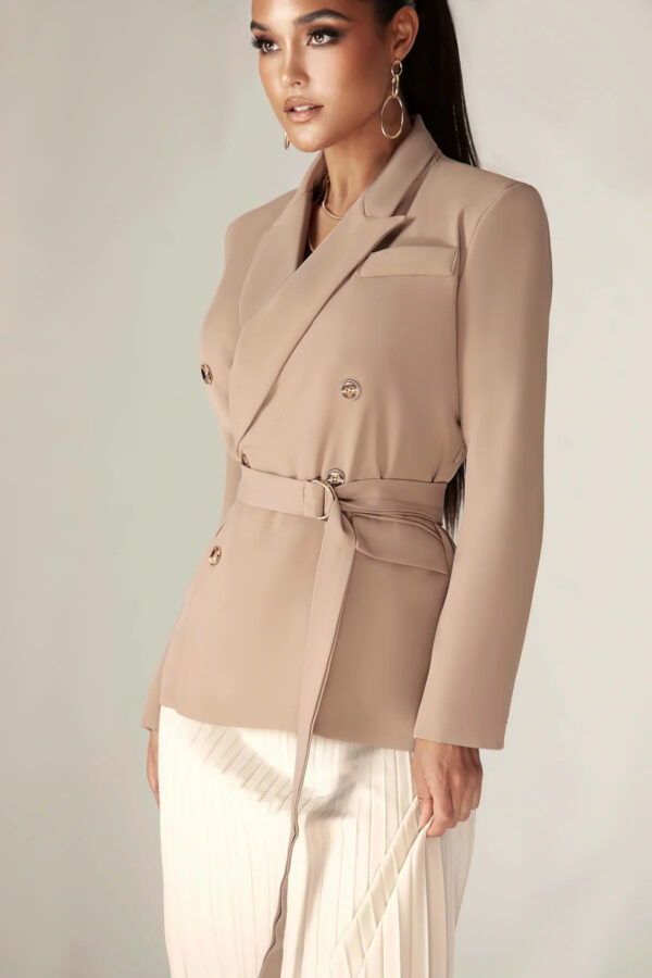 Gloriette Belted Double Breasted Crepe Blazer (Pastel Brown) - Image 3