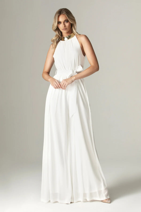Fadia Chiffon Wide Leg Belted Jumpsuit (Off White) - Image 7